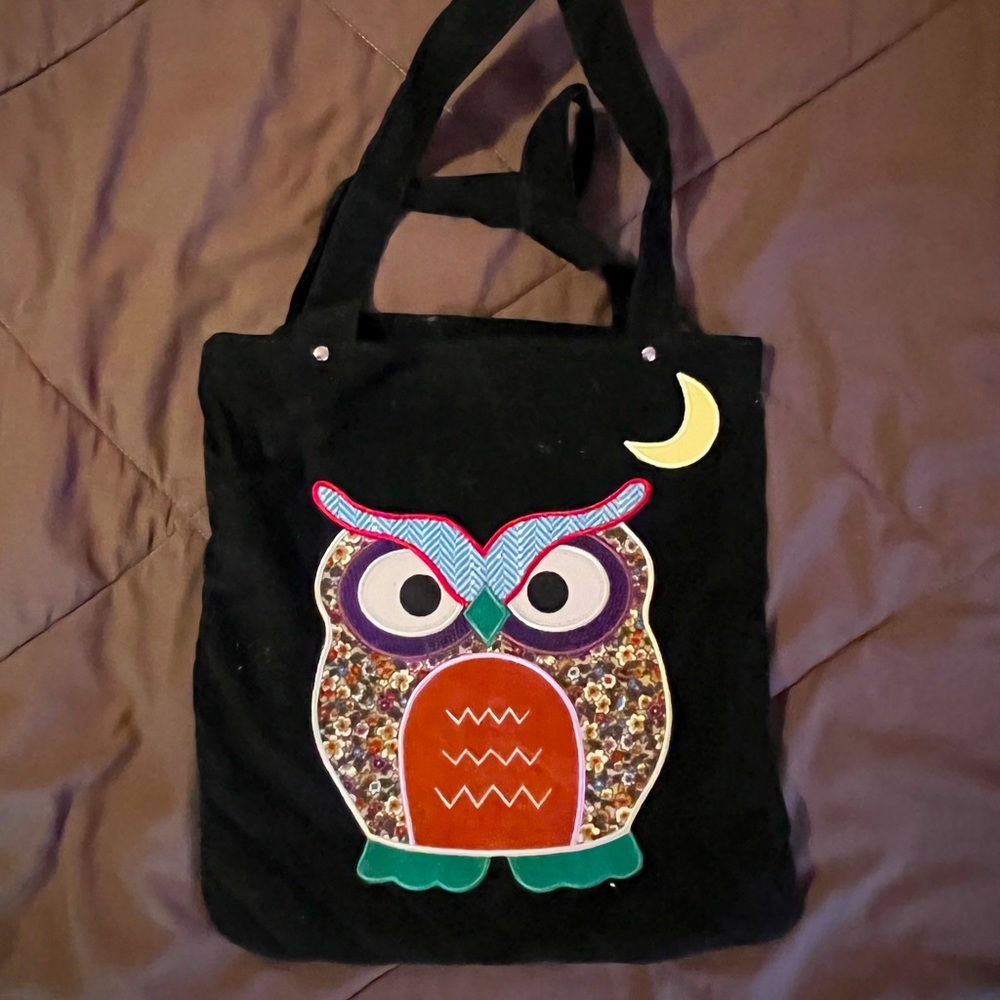 Chateau (from Claire’s) black corduroy embroidered owl tote bag